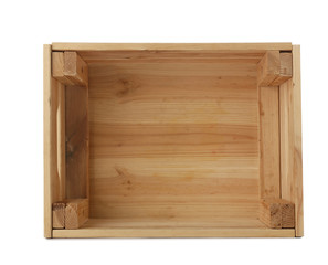 Empty wooden crate on white background, top view
