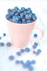 Fresh raw organic blueberry in pink ceramic cup with berries