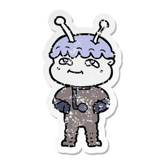 distressed sticker of a friendly cartoon spaceman