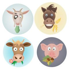 vector funny round icons with domestic farm animals caw, goat, horse and pig on a white background