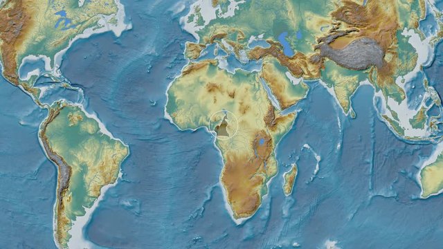 Cameroon area presented against the global relief map in the Fahey projection with animated oblique transformation