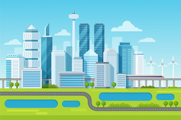 Urban modern cityscape landscape with high skyscrapers and subway vector illustration.