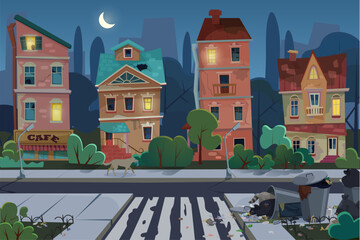 Night old city view with rubbish and dirty area at the street. Environmental pollution and ecology concept. Unfavorable abandoned residential area vector illustration.