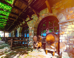 wine barrels on the terrace surrounded by grapes