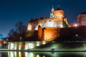 Wawel hill with royal castle at night. Krakow is one of the most famous landmark in Poland