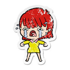 distressed sticker of a cartoon girl crying