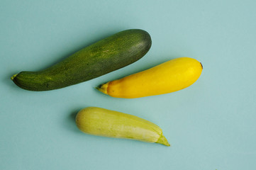 Assorted fresh multicolored zucchini on a blue background
