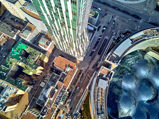 WARSAW, POLAND - FEBRUARY 23, 2019: Beautiful panoramic aerial drone view to the center of Warsaw...