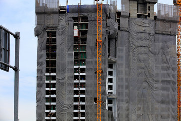 Close up new construction new high building, Buildings construction with Transport life