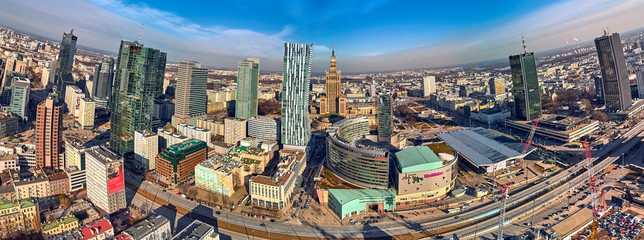 WARSAW, POLAND - FEBRUARY 23, 2019: Beautiful panoramic aerial drone view to the center of Warsaw...