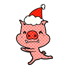 angry comic book style illustration of a pig wearing santa hat