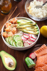 Poke bowl, traditional Hawaiian raw fish salad