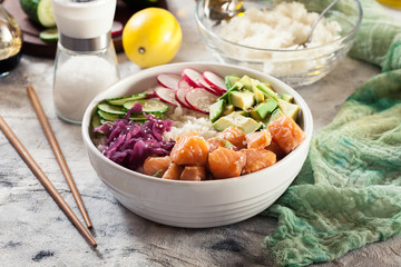 Poke bowl, traditional Hawaiian raw fish salad