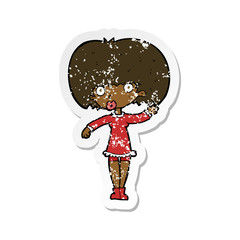 retro distressed sticker of a cartoon waving girl