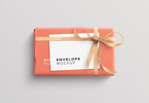 Wrapped Gift Box and Envelope Mockup
