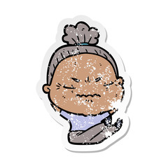 distressed sticker of a cartoon annoyed old lady