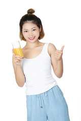 Chinese woman drinking orange juice isolated on white background