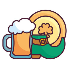 leprechaun boot with beer and clover coin