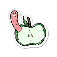 retro distressed sticker of a cartoon apple with worm