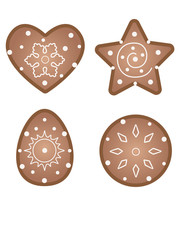 Biscuit. Gingerbread cookies with royal icing. Cookies in the form of a circle, stars, hearts and Easter eggs. Sweets with ginger, honey and spices.