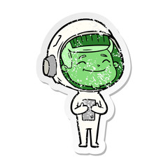 distressed sticker of a happy cartoon astronaut