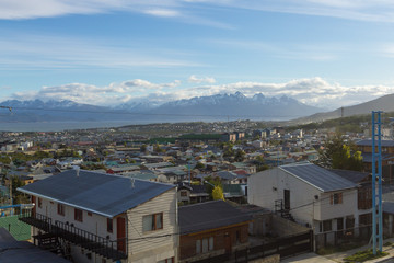 Fototapeta na wymiar Ushuaia cityscape during a sunny day, Argentina