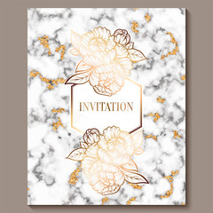 Luxury and elegant wedding invitation cards with marble texture and gold glitter background. Modern wedding invitation decorated with peony flowers