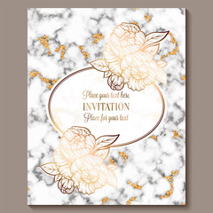 Luxury and elegant wedding invitation cards with marble texture and gold glitter background. Modern wedding invitation decorated with peony flowers