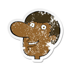 retro distressed sticker of a cartoon happy male face