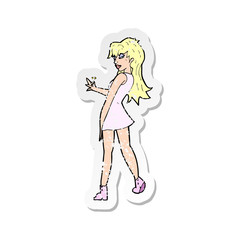 retro distressed sticker of a cartoon woman posing in dress