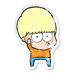 distressed sticker of a nervous cartoon boy