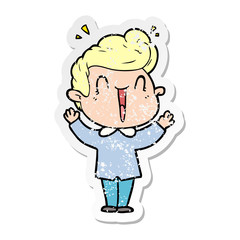 distressed sticker of a cartoon excited man
