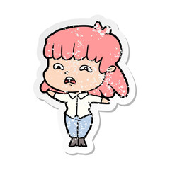 distressed sticker of a cartoon worried woman