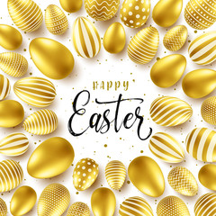 Easter background with realistic golden eggs. Spring egg hunt. Happy holiday greeting card with text lettering, calligraphy. Colorful season banner. Vector illustration.