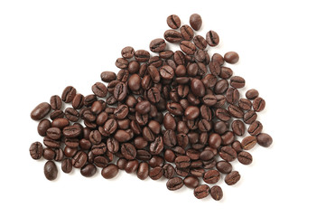 Roasted coffee beans isolated on white background.