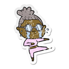 Obraz premium distressed sticker of a cartoon crying woman wearing spectacles