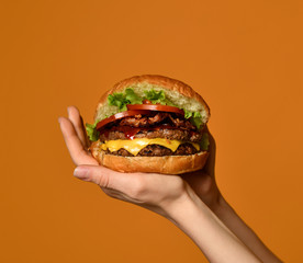 Woman hands hold big cheeseburger burger sandwich with marble beef and bacon on yellow 
