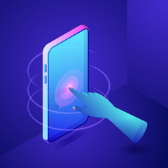 Hand touching screen on phone. Digital interactive technology concept. Vector neon gradients 3d isometric illustration.