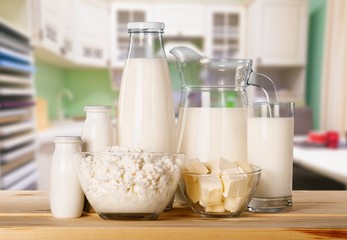 Glass of milk  and Dairy products on  background