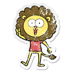 distressed sticker of a happy cartoon lion