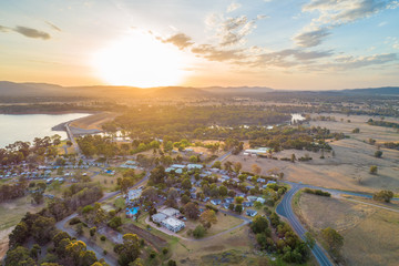 Lake Hume Village at sunset - aerial view. New South Wales, Australia
