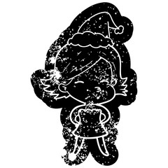 cartoon distressed icon of a woman wearing santa hat