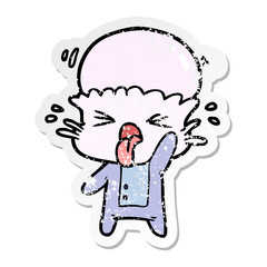 distressed sticker of a disgusted cartoon alien