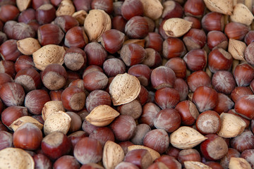 Food background with new harvest of nuts, almonds and hazelnuts in shell