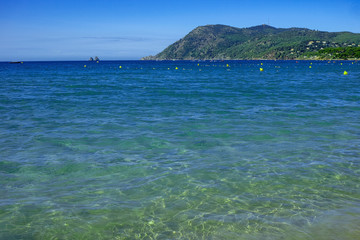 Sunny sandy beach vacation, landscape with clear blue sea shore and sandy beach