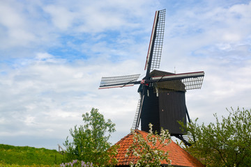 Old dark wooden wind mill in Heusden, North Brabant, Netherlands