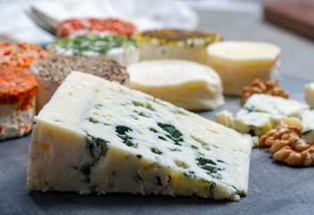 Assortment of French fresh white soft goat cheeses with different tastes topping made with herbs, paprika, indian curry, bruscetta, chives and dried tomatoes and piece of blue cheese Roquefort