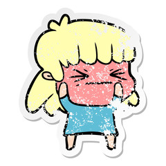 distressed sticker of a cartoon angry girl