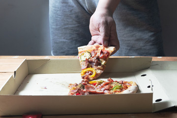 Man's hand is holding slice of pizza