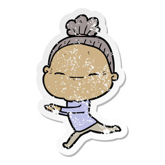 distressed sticker of a cartoon peaceful old woman